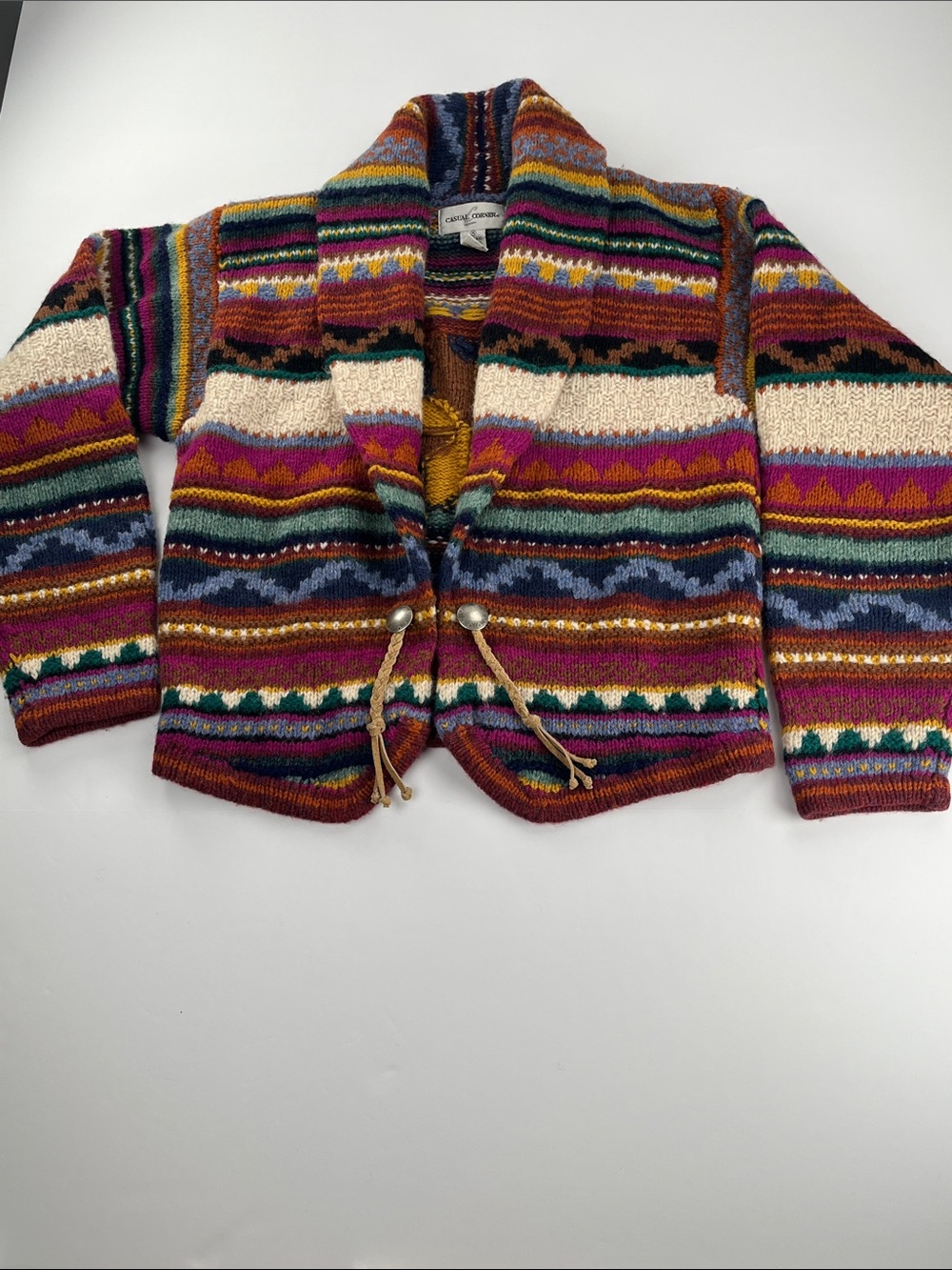 Casual Corner 100% Wool Colorful Southwestern/Boho Pattern SweaterCardigan Sz M